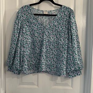 a new day Floral V-Neck Blouse - Blue and Pink